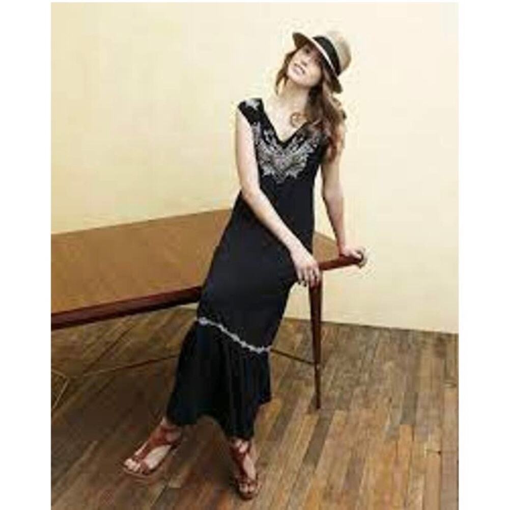 Johnny Was Black & White Heart Embroidered Julien Tiered Maxi Dress Size: Medium